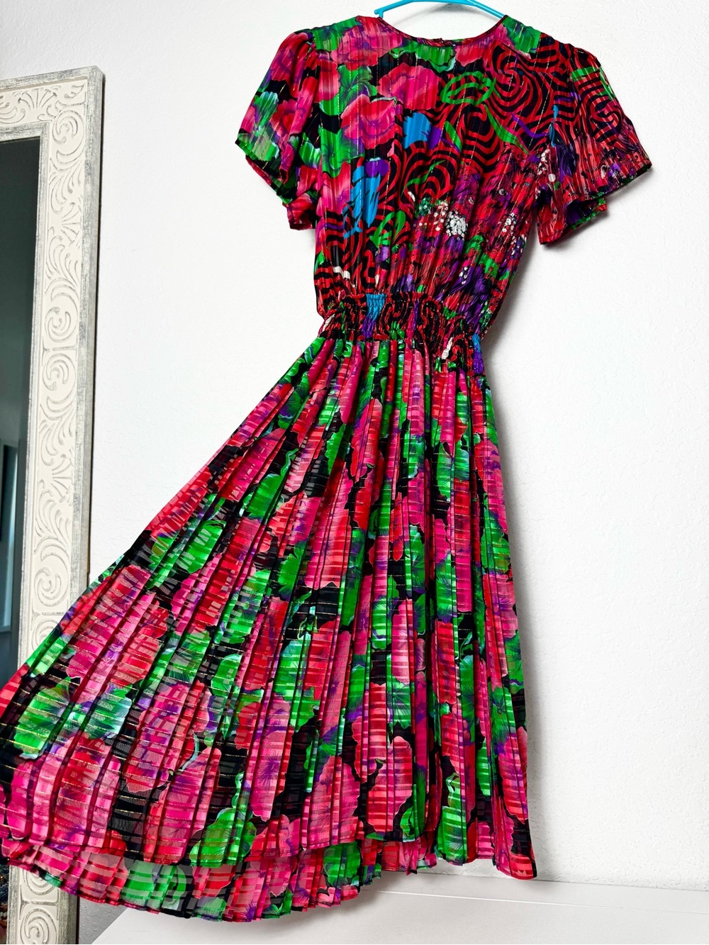 Vintage Diane Freis 1980's Georgette Dress Bold Poppy Print smocked waist OSFM
